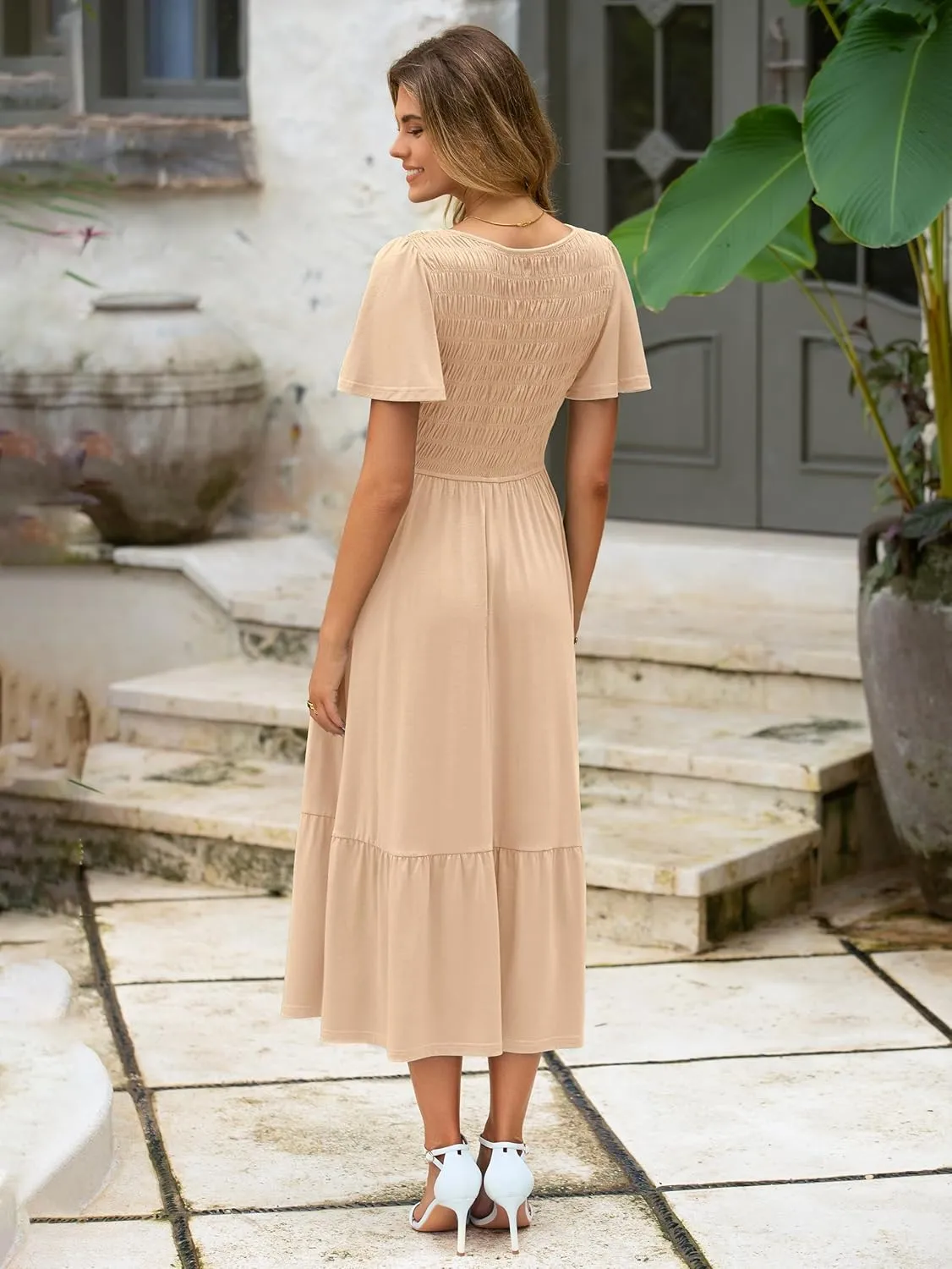 Simplee Womens Summer Smocked Flowy Dress - Casual Flutter Sleeve Tiered Boho Maxi Dresses with Pockets