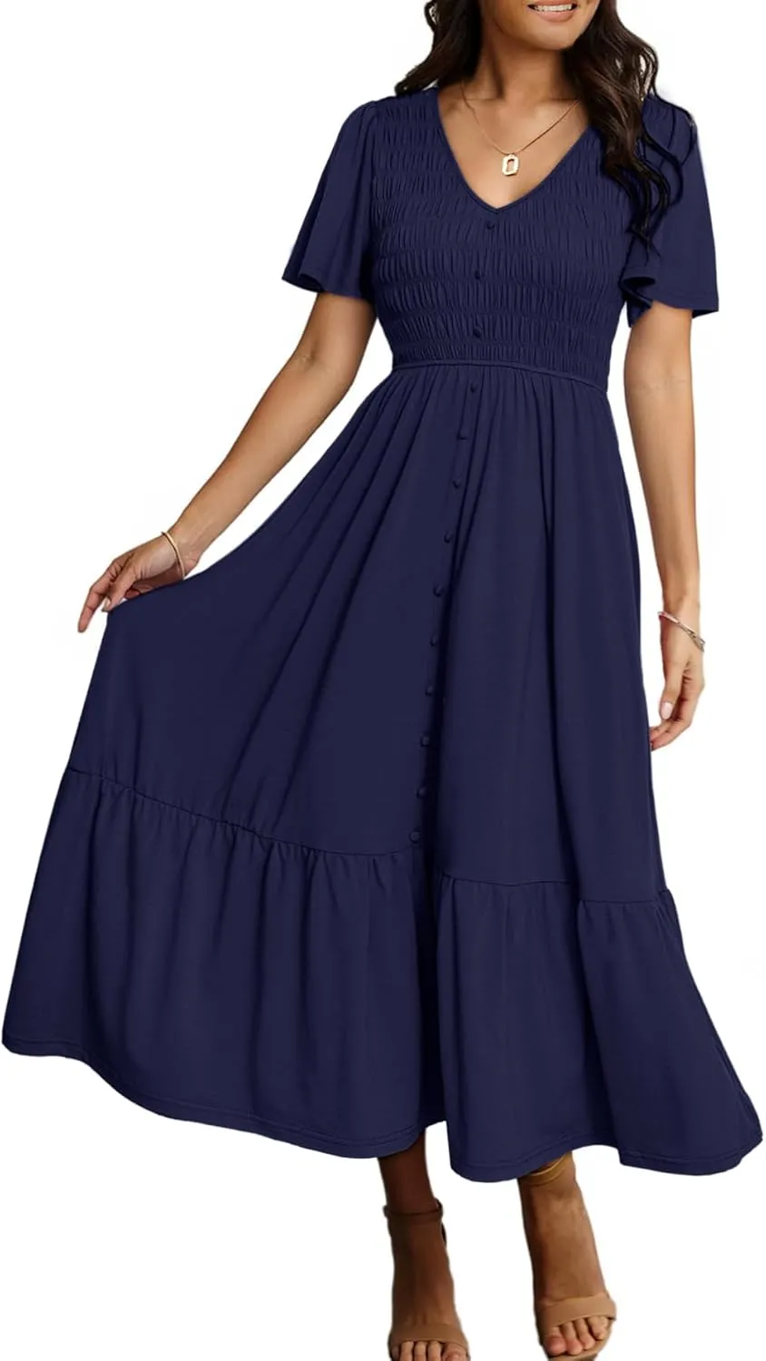 Simplee Womens Summer Smocked Flowy Dress - Casual Flutter Sleeve Tiered Boho Maxi Dresses with Pockets