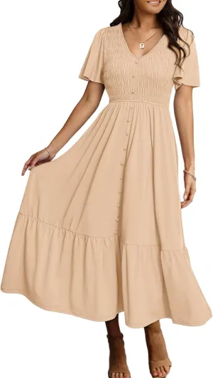 Simplee Womens Summer Smocked Flowy Dress - Casual Flutter Sleeve Tiered Boho Maxi Dresses with Pockets
