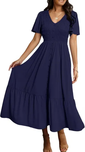 Simplee Womens Summer Smocked Flowy Dress - Casual Flutter Sleeve Tiered Boho Maxi Dresses with Pockets