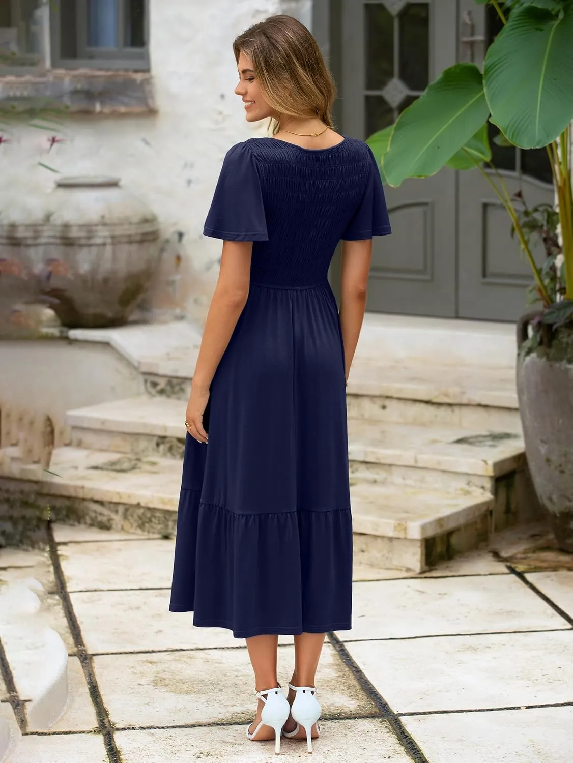 Simplee Womens Summer Smocked Flowy Dress - Casual Flutter Sleeve Tiered Boho Maxi Dresses with Pockets