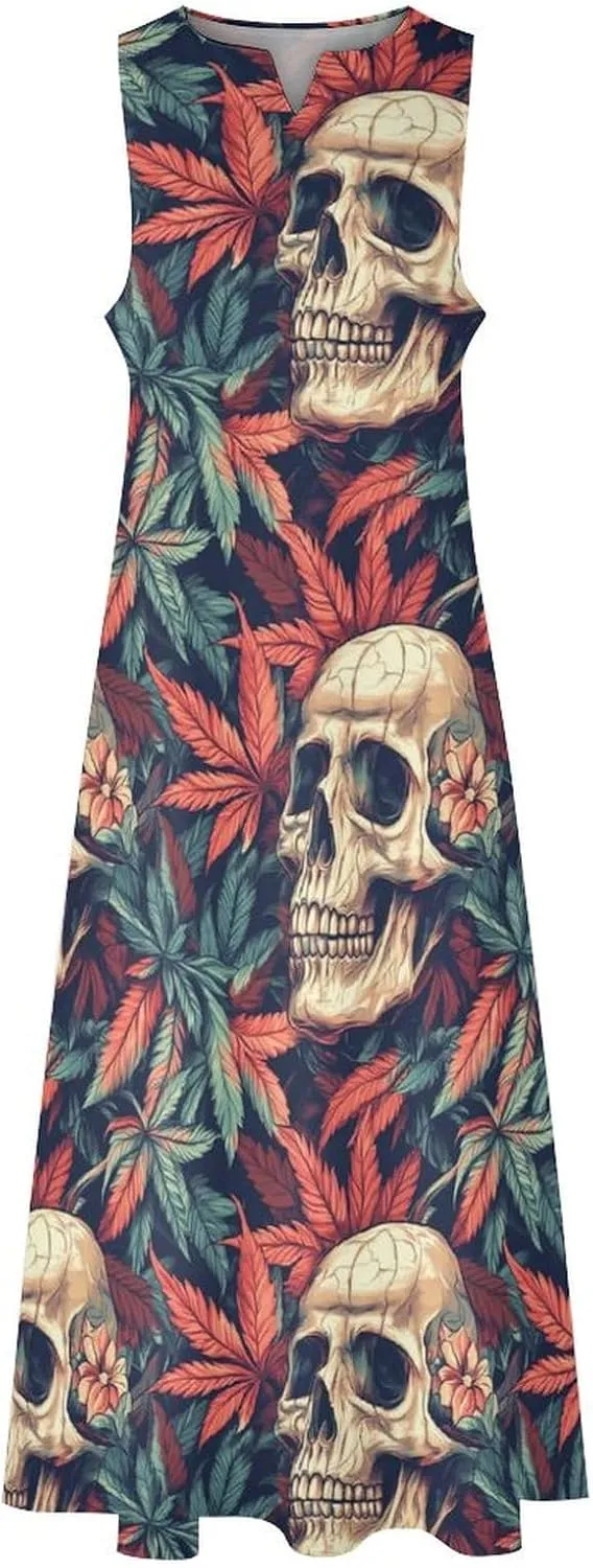 Skull Marijuana Leaf Women's Maxi Dress Summer Casual Loose Elegant Long Dress