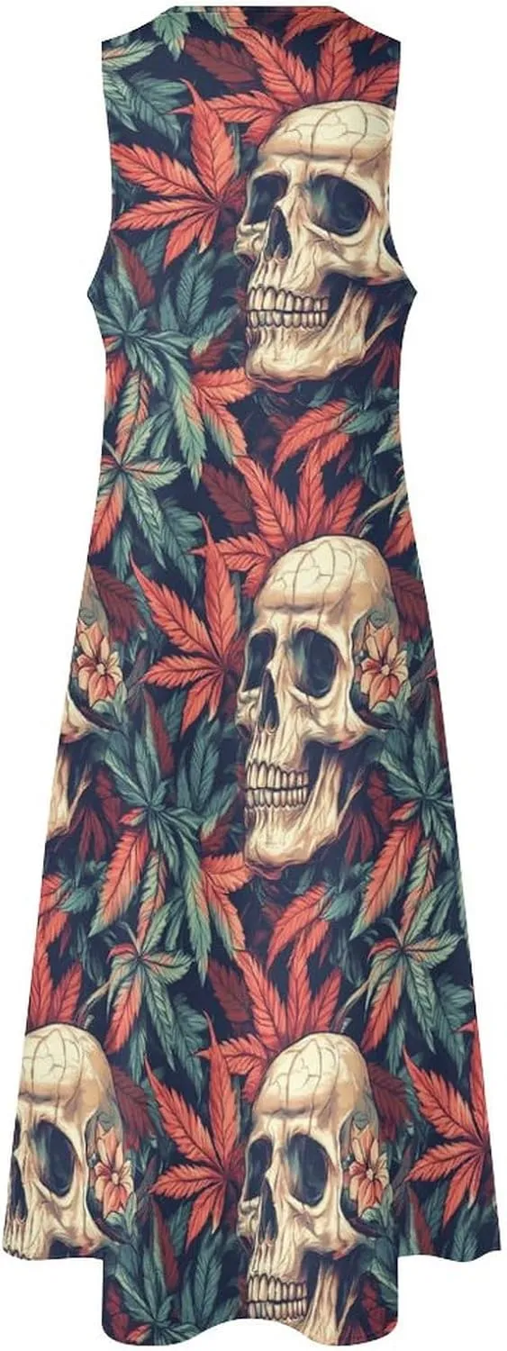 Skull Marijuana Leaf Women's Maxi Dress Summer Casual Loose Elegant Long Dress
