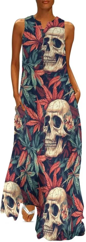 Skull Marijuana Leaf Women's Maxi Dress Summer Casual Loose Elegant Long Dress