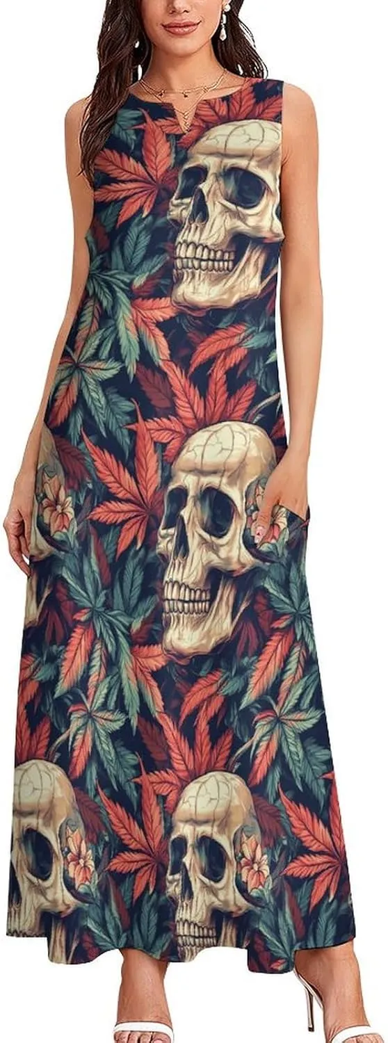 Skull Marijuana Leaf Women's Maxi Dress Summer Casual Loose Elegant Long Dress