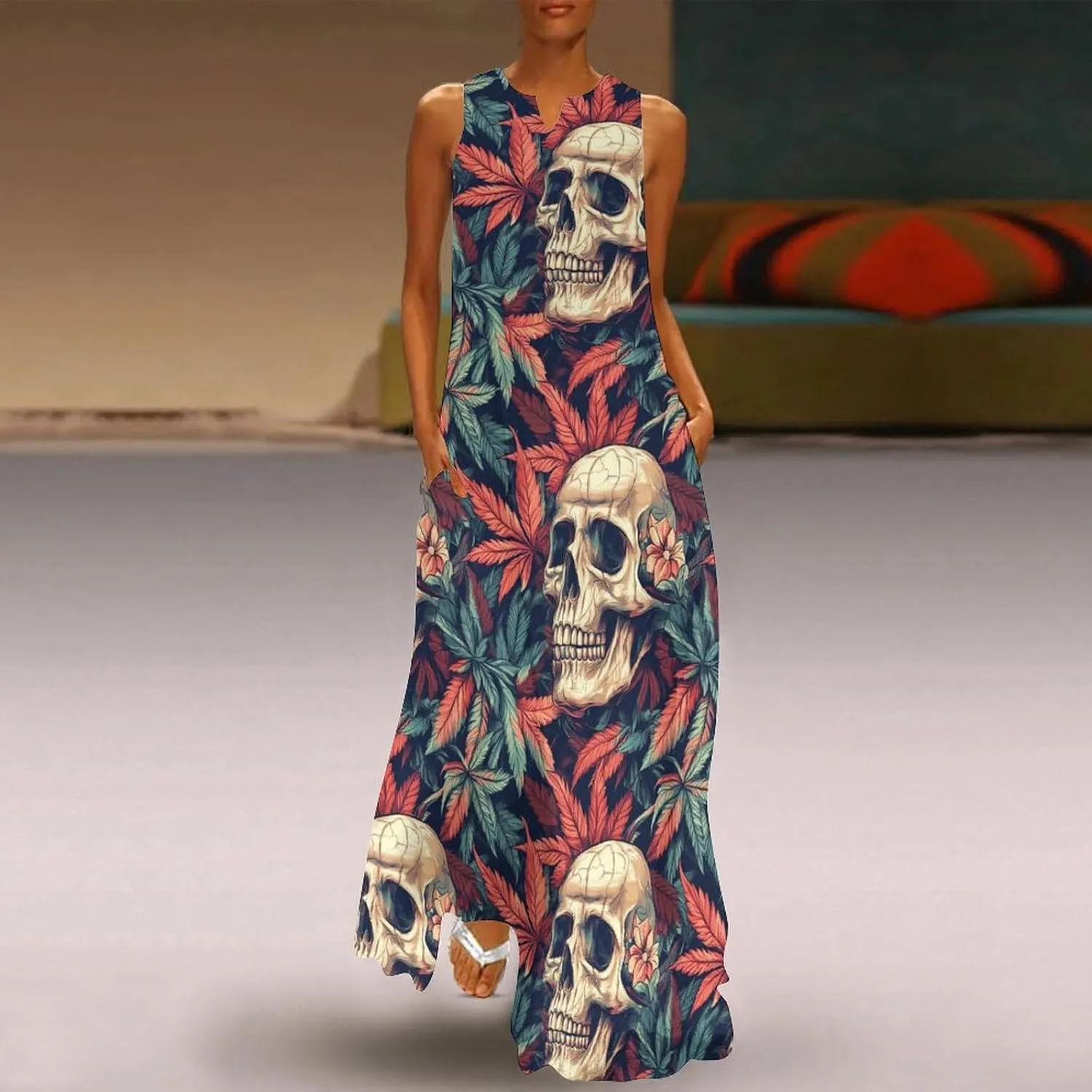 Skull Marijuana Leaf Women's Maxi Dress Summer Casual Loose Elegant Long Dress