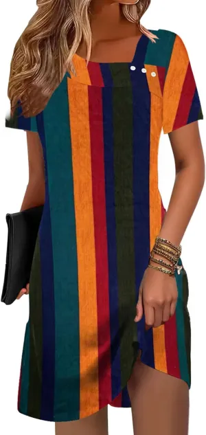 Soesdemo Womens Summer Dresses Square Neck Short Sleeve Buttons Casual Beach Boho 2025 Fashion Sundress
