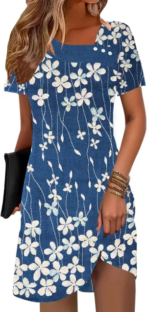 Soesdemo Womens Summer Dresses Square Neck Short Sleeve Buttons Casual Beach Boho 2025 Fashion Sundress