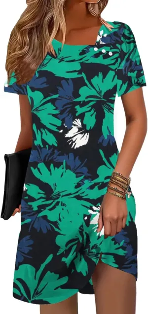 Soesdemo Womens Summer Dresses Square Neck Short Sleeve Buttons Casual Beach Boho 2025 Fashion Sundress