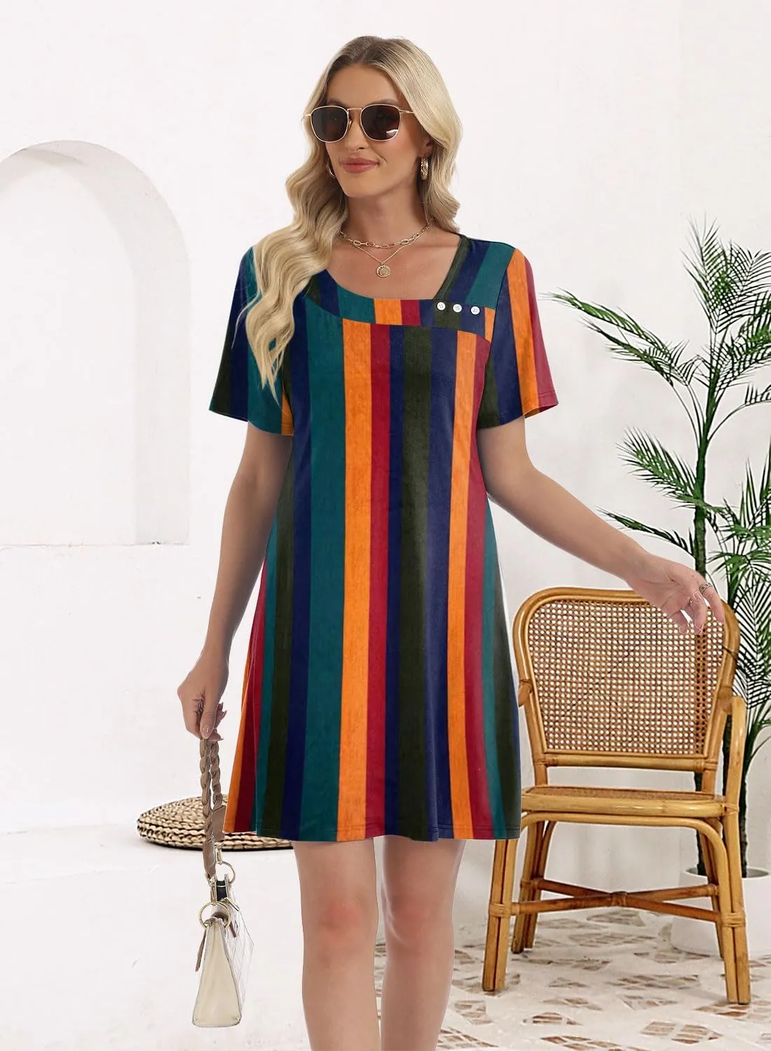 Soesdemo Womens Summer Dresses Square Neck Short Sleeve Buttons Casual Beach Boho 2025 Fashion Sundress