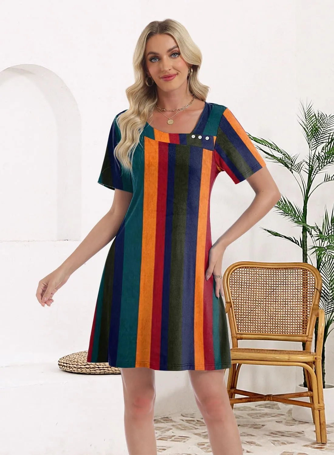 Soesdemo Womens Summer Dresses Square Neck Short Sleeve Buttons Casual Beach Boho 2025 Fashion Sundress