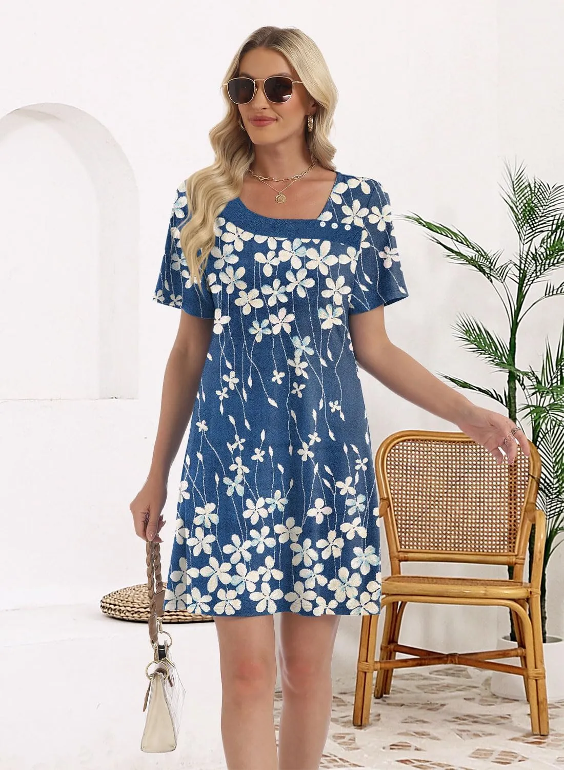 Soesdemo Womens Summer Dresses Square Neck Short Sleeve Buttons Casual Beach Boho 2025 Fashion Sundress