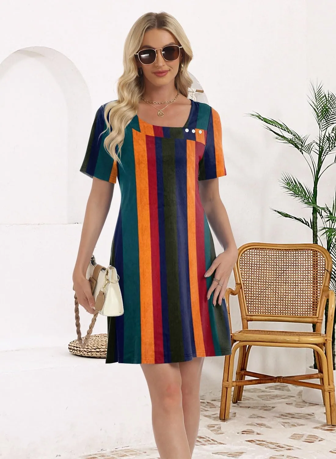Soesdemo Womens Summer Dresses Square Neck Short Sleeve Buttons Casual Beach Boho 2025 Fashion Sundress