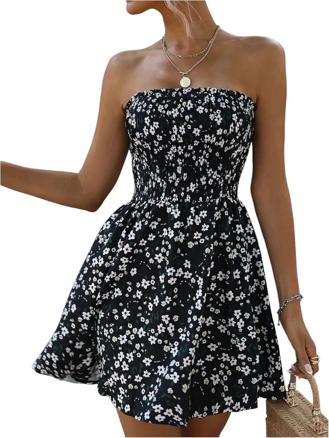 SOLY HUX Women's Floral Print Mini Tube Dress Strapless A Line Shirred Flowy Vacation Dresses