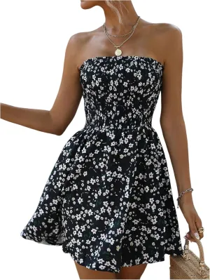 SOLY HUX Women's Floral Print Mini Tube Dress Strapless A Line Shirred Flowy Vacation Dresses