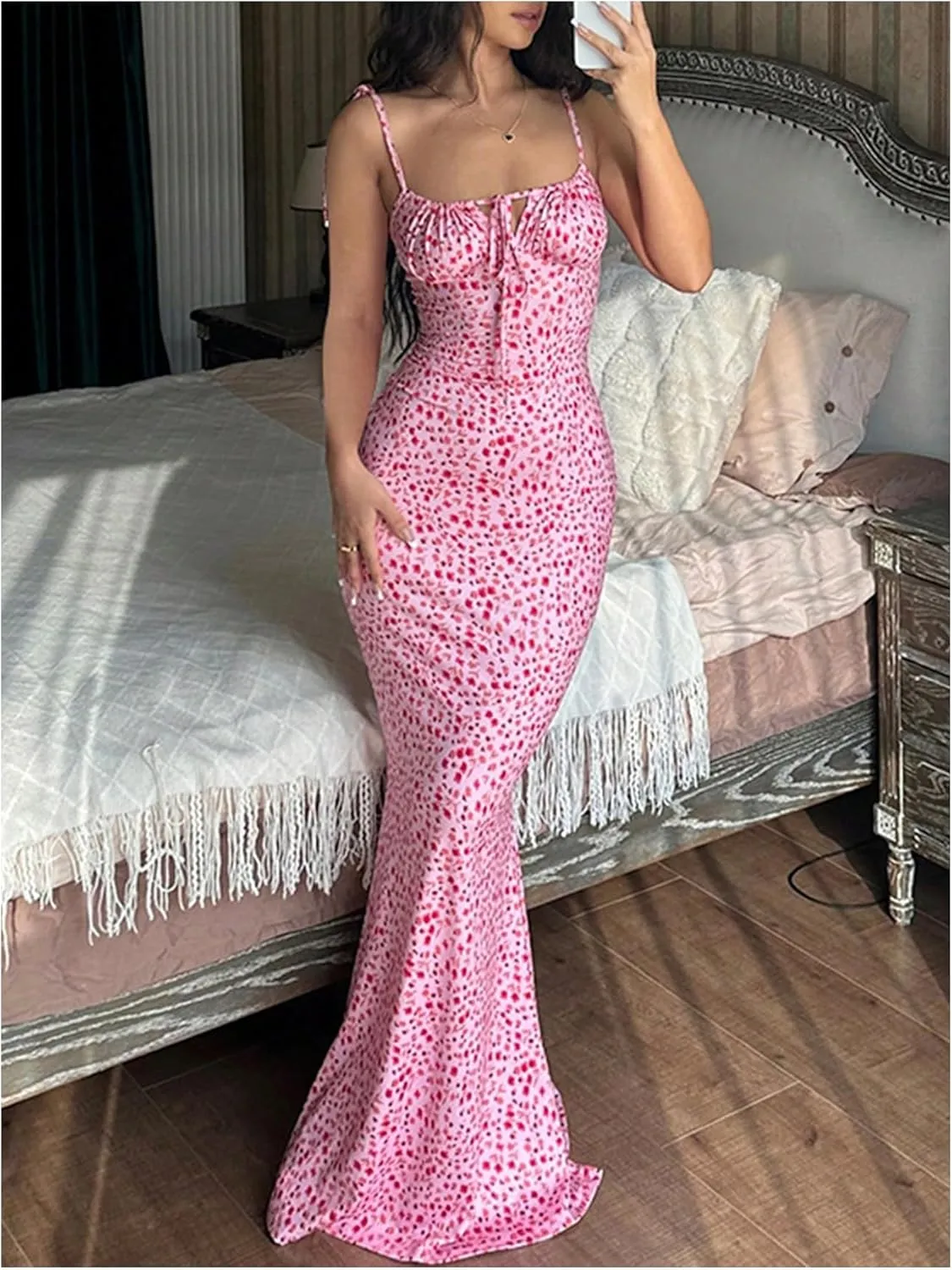 SOLY HUX Women's Floral Print Tie Shoulder Dress Square Neck Sleeveless Cut Out Fishtail Maxi Vacation Dresses