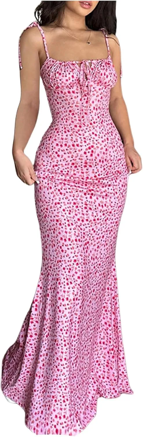 SOLY HUX Women's Floral Print Tie Shoulder Dress Square Neck Sleeveless Cut Out Fishtail Maxi Vacation Dresses