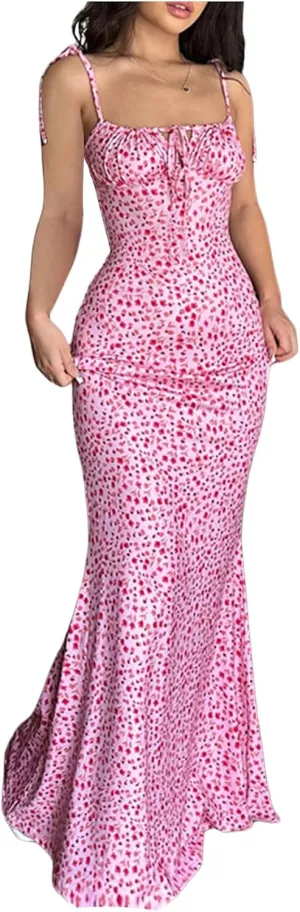 SOLY HUX Women's Floral Print Tie Shoulder Dress Square Neck Sleeveless Cut Out Fishtail Maxi Vacation Dresses