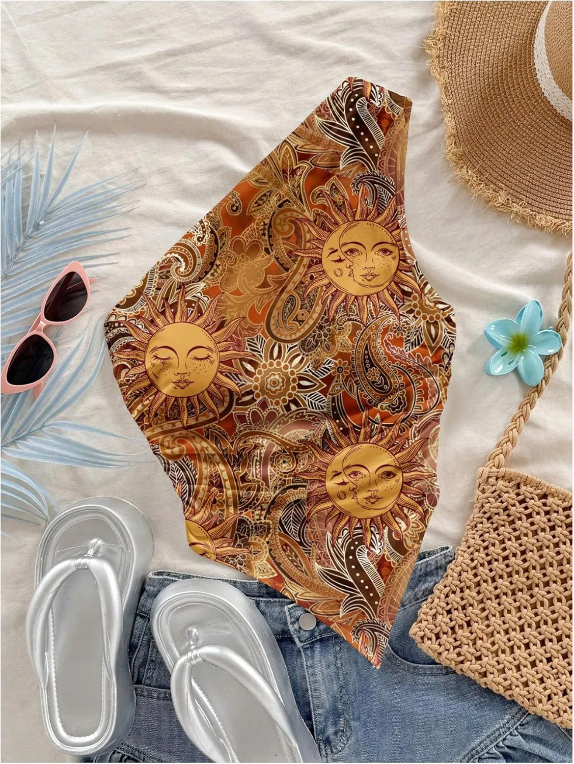 SOLY HUX Women's Plus Size Boho Print Tank Top One Shoulder Sleeveless Ruched Asymmetrical Vacation Tops