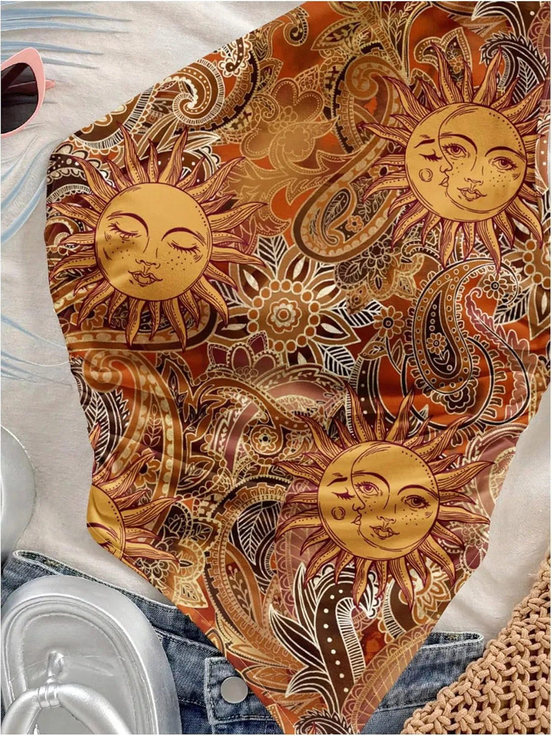 SOLY HUX Women's Plus Size Boho Print Tank Top One Shoulder Sleeveless Ruched Asymmetrical Vacation Tops