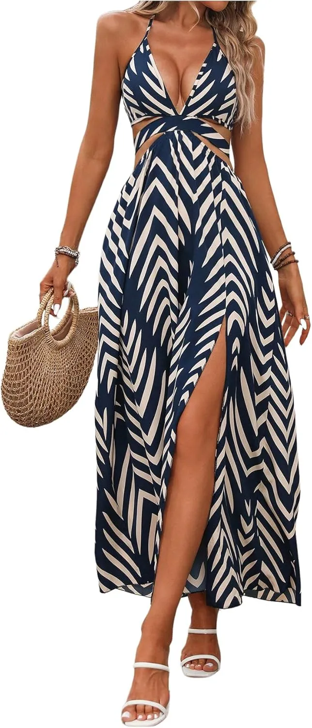SOLY HUX Women's Tie Backless Cut Out Halter Dress Deep V Neck High Split Long Flowy Dresses