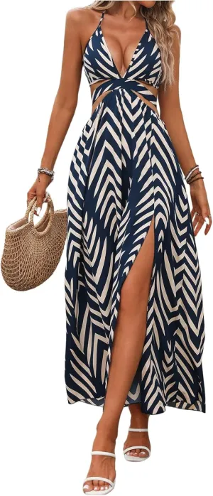 SOLY HUX Women's Tie Backless Cut Out Halter Dress Deep V Neck High Split Long Flowy Dresses