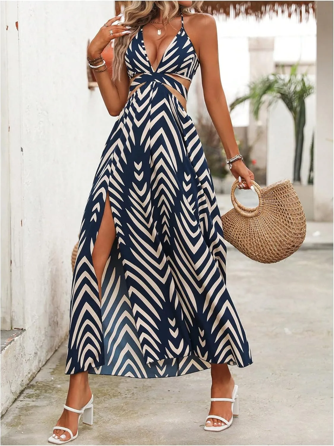 SOLY HUX Women's Tie Backless Cut Out Halter Dress Deep V Neck High Split Long Flowy Dresses