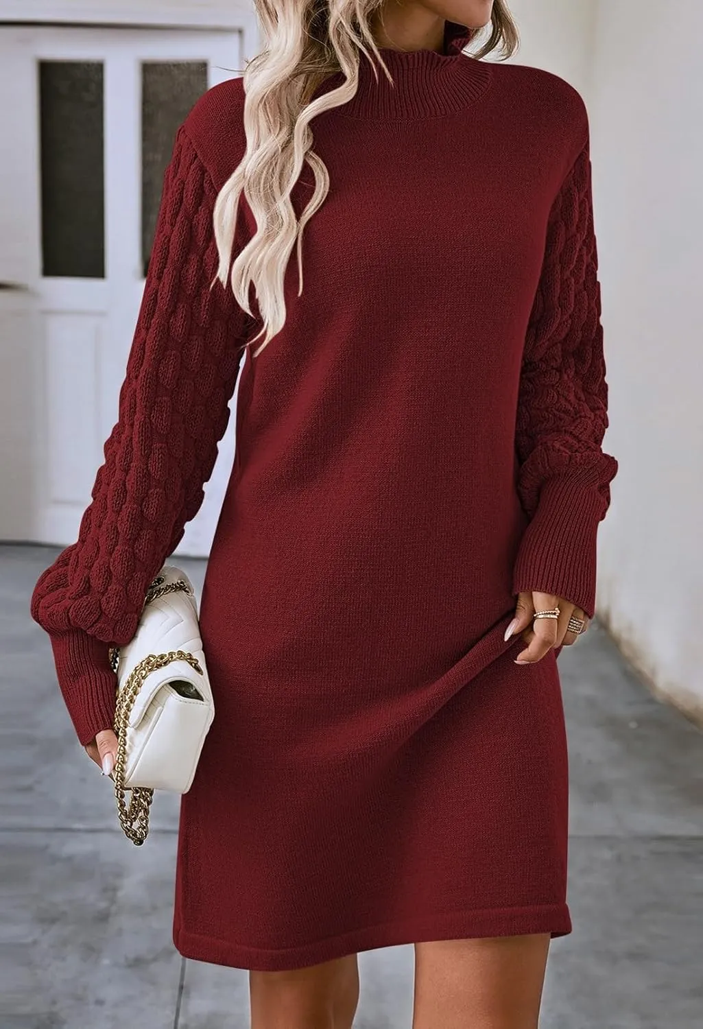 Sovoyontee Women's 2024 Fall Long Sleeve Mock Neck Sweater Dress Casual Loose Ribbed Knit Mini Short Pullover Dresses