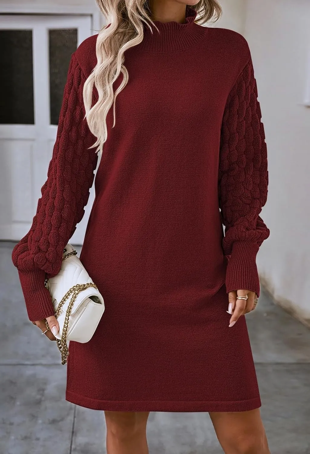 Sovoyontee Women's 2024 Fall Long Sleeve Mock Neck Sweater Dress Casual Loose Ribbed Knit Mini Short Pullover Dresses