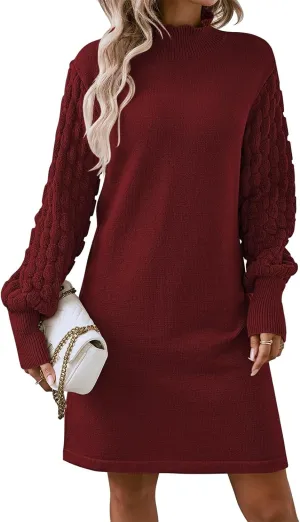 Sovoyontee Women's 2024 Fall Long Sleeve Mock Neck Sweater Dress Casual Loose Ribbed Knit Mini Short Pullover Dresses