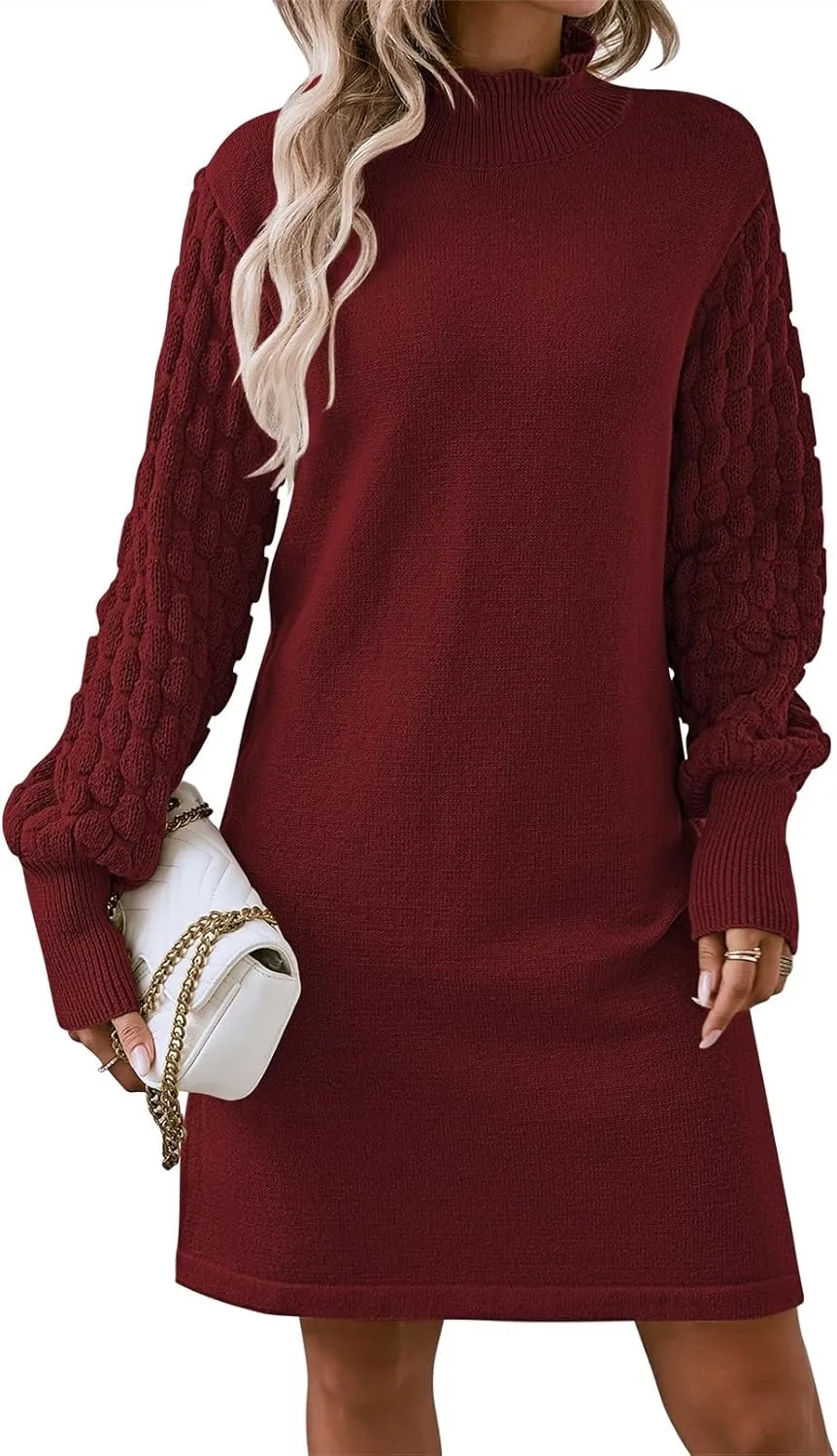 Sovoyontee Women's 2024 Fall Long Sleeve Mock Neck Sweater Dress Casual Loose Ribbed Knit Mini Short Pullover Dresses