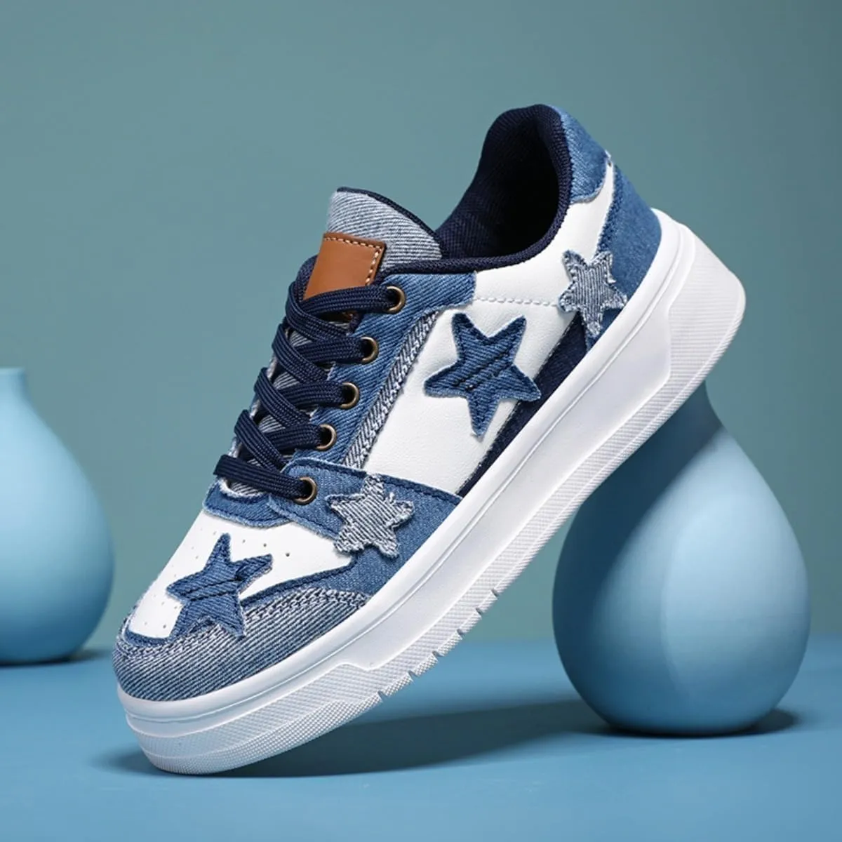 Star Platform Shoes, Cute Sneakers for Women Walking Outdoor, Fashionable Denim Shoes, Breathable Anti-Slip Casual Shoes