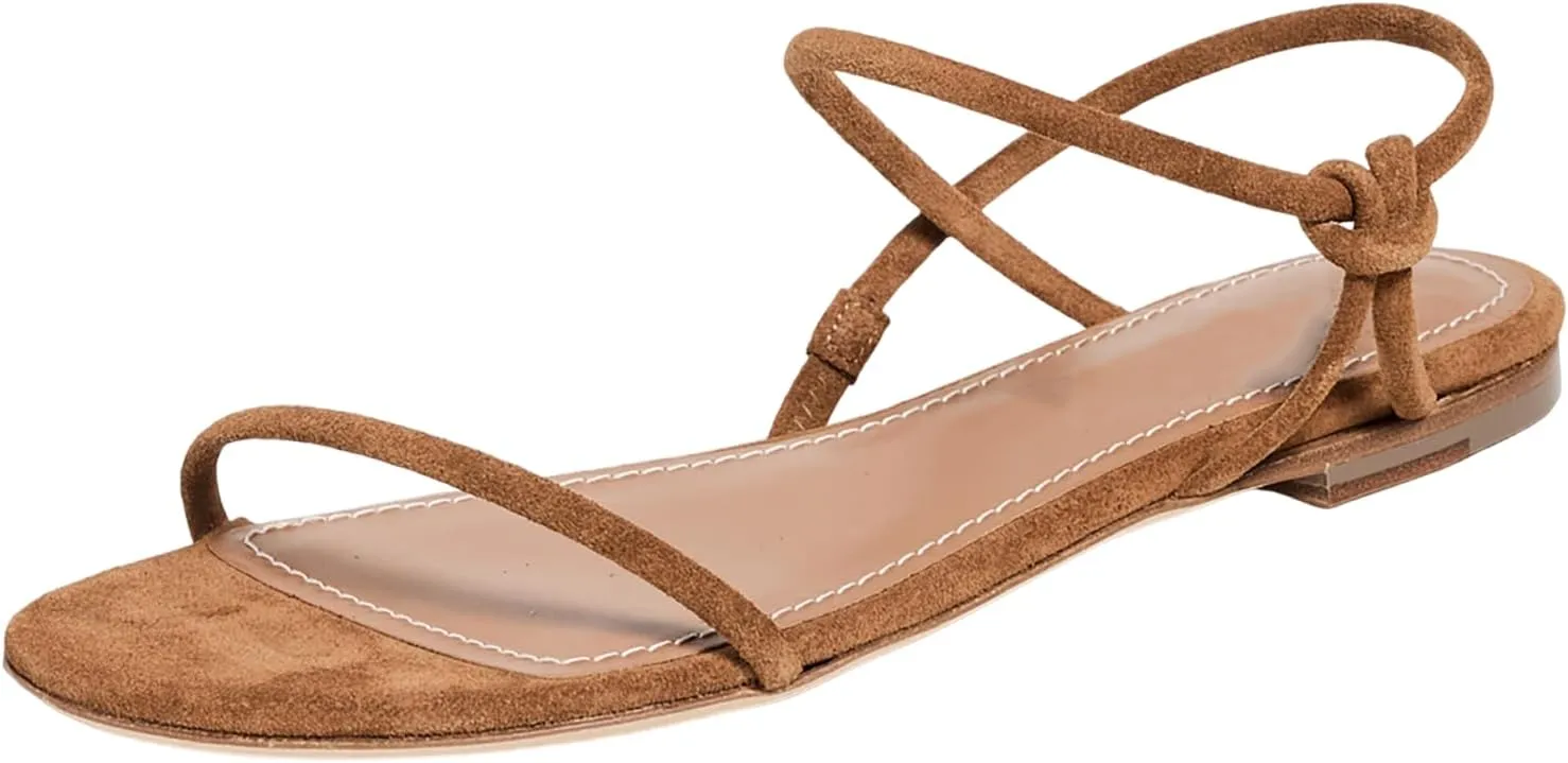 Strappy Flat Sandals for Women Round Open Toe Slip on Ankle Strap Backless Sandals Slingback Casual Vacation Dressy Shoes