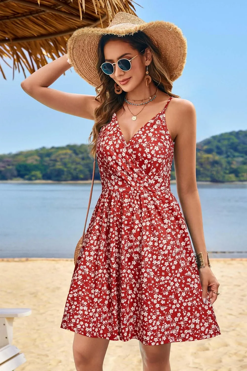 STYLEWORD Womens Sundress Summer Floral Wrap V Neck Backless A-Line Casual Beach Midi Dress