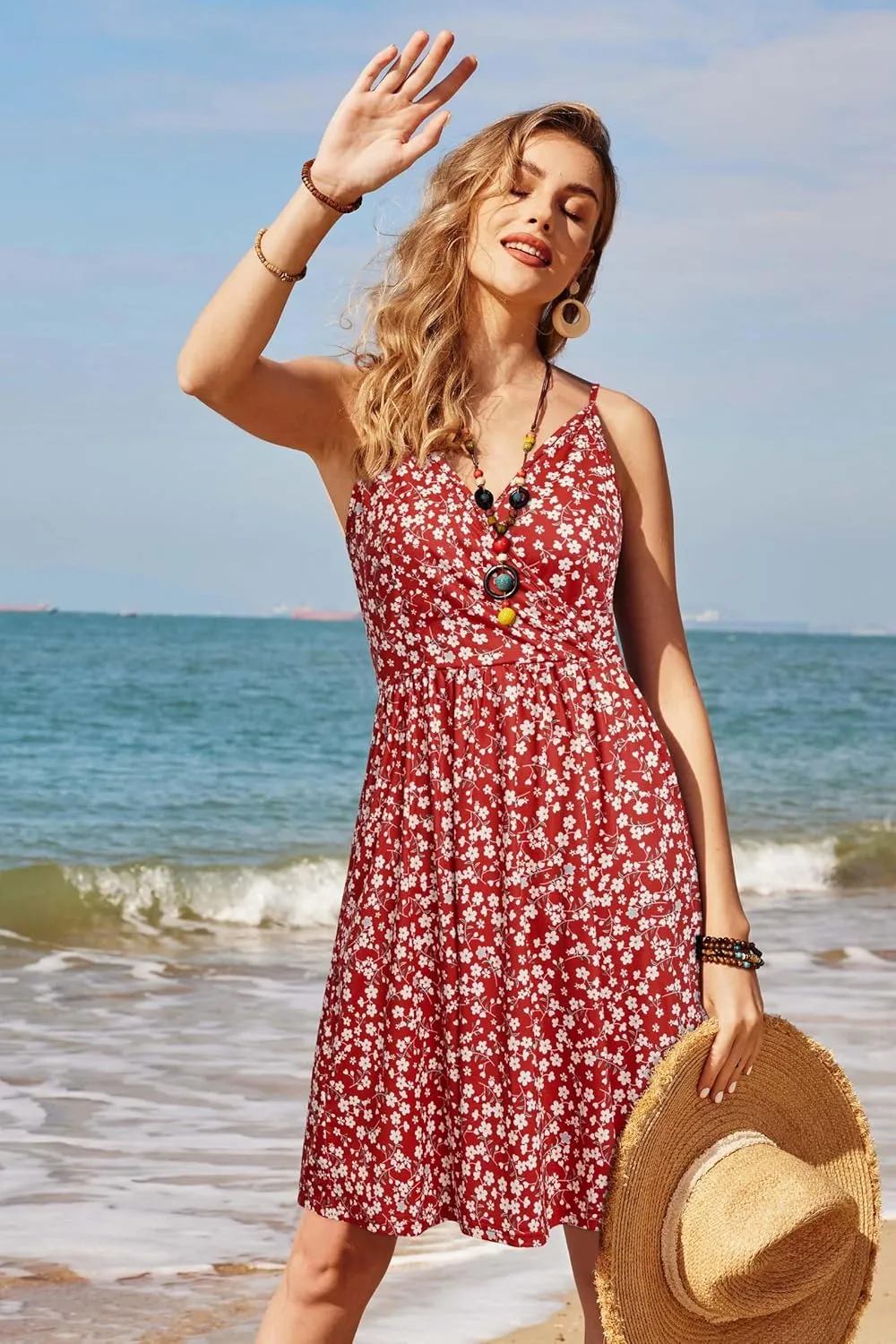 STYLEWORD Womens Sundress Summer Floral Wrap V Neck Backless A-Line Casual Beach Midi Dress