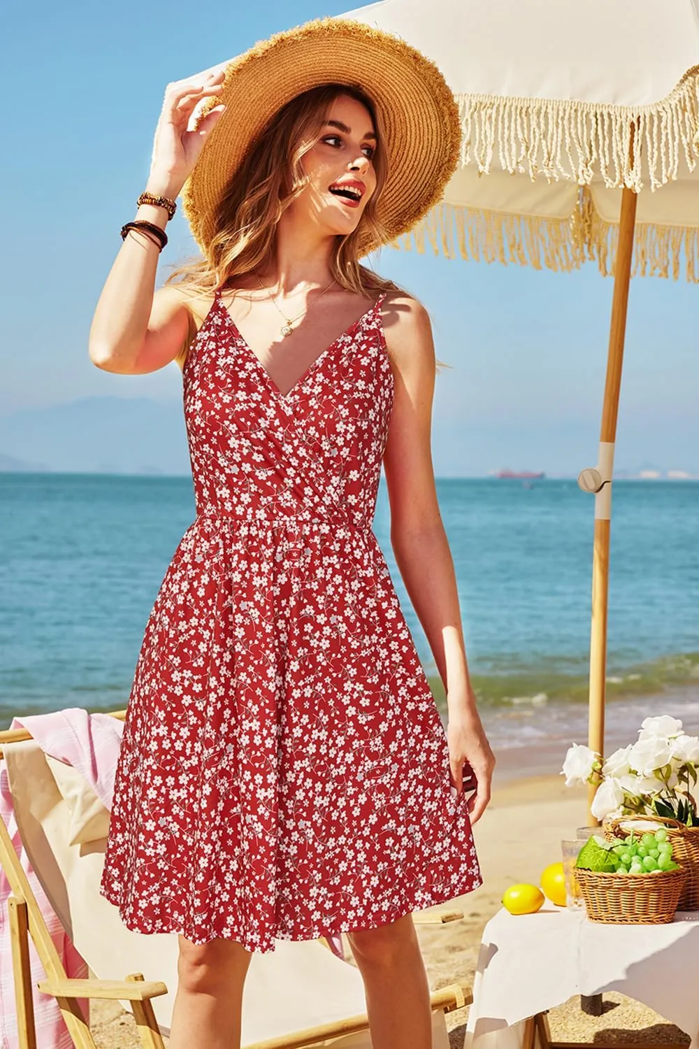 STYLEWORD Womens Sundress Summer Floral Wrap V Neck Backless A-Line Casual Beach Midi Dress