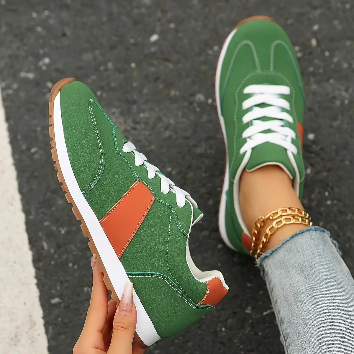 Stylish Women's Low-Top Lace-Up Sneakers - Breathable, Non-Slip, All-Season Rubber Sole, Solid Color, Casual, Comfortable, Fashionable Shoes Plus Size