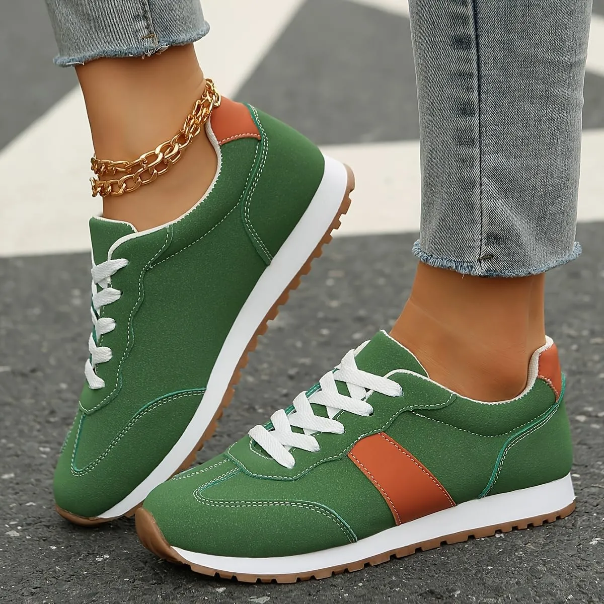 Stylish Women's Low-Top Lace-Up Sneakers - Breathable, Non-Slip, All-Season Rubber Sole, Solid Color, Casual, Comfortable, Fashionable Shoes Plus Size