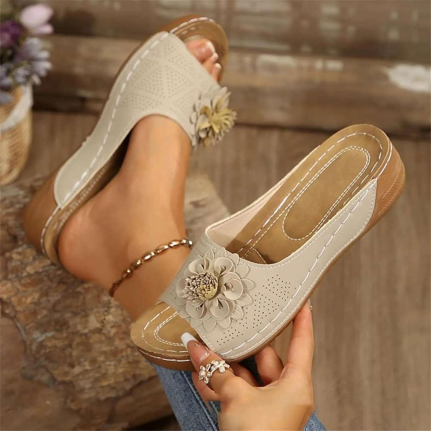 Summer Beach Sandals for Women 2025 Boho Flower Beach Slides with Low Wedge Heel Comfortable Open Toe Hollow Out Slippers Lightweight Walk Slip on Shoes for Dressy Casual Wear