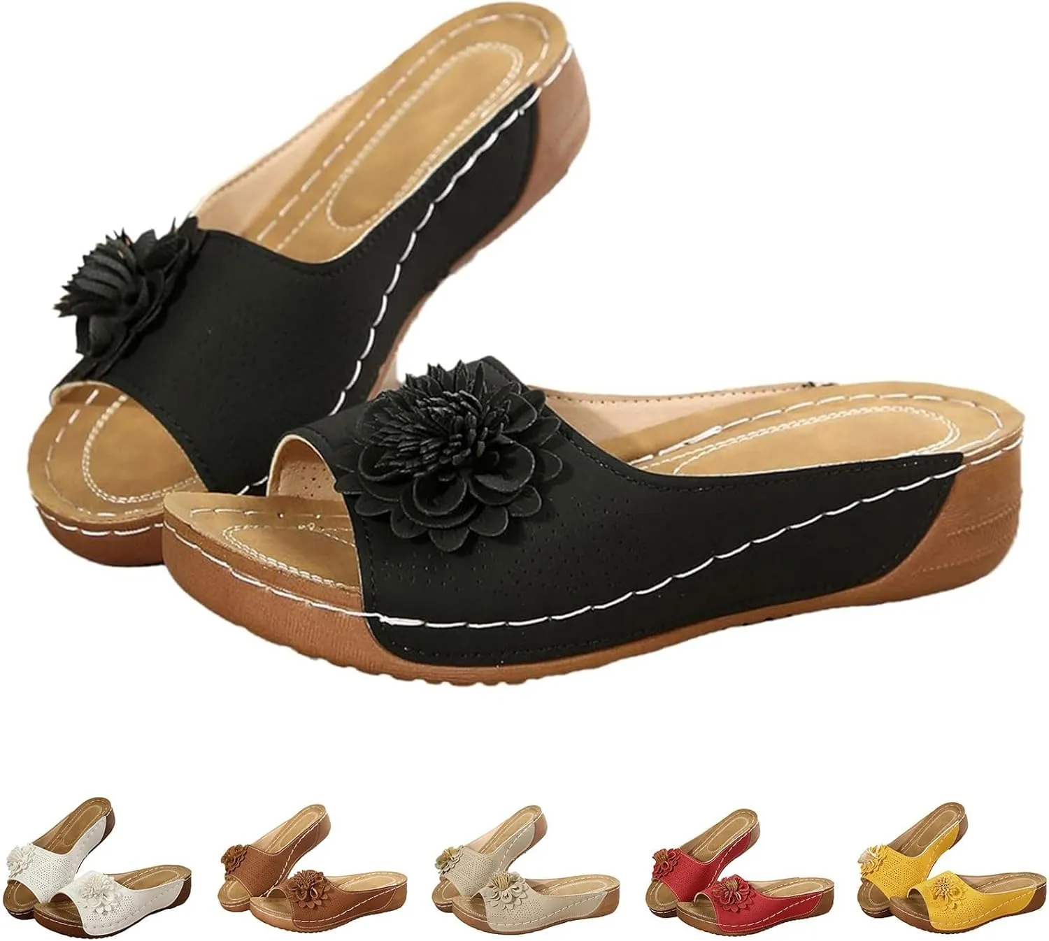 Summer Beach Sandals for Women 2025 Boho Flower Beach Slides with Low Wedge Heel Comfortable Open Toe Hollow Out Slippers Lightweight Walk Slip on Shoes for Dressy Casual Wear