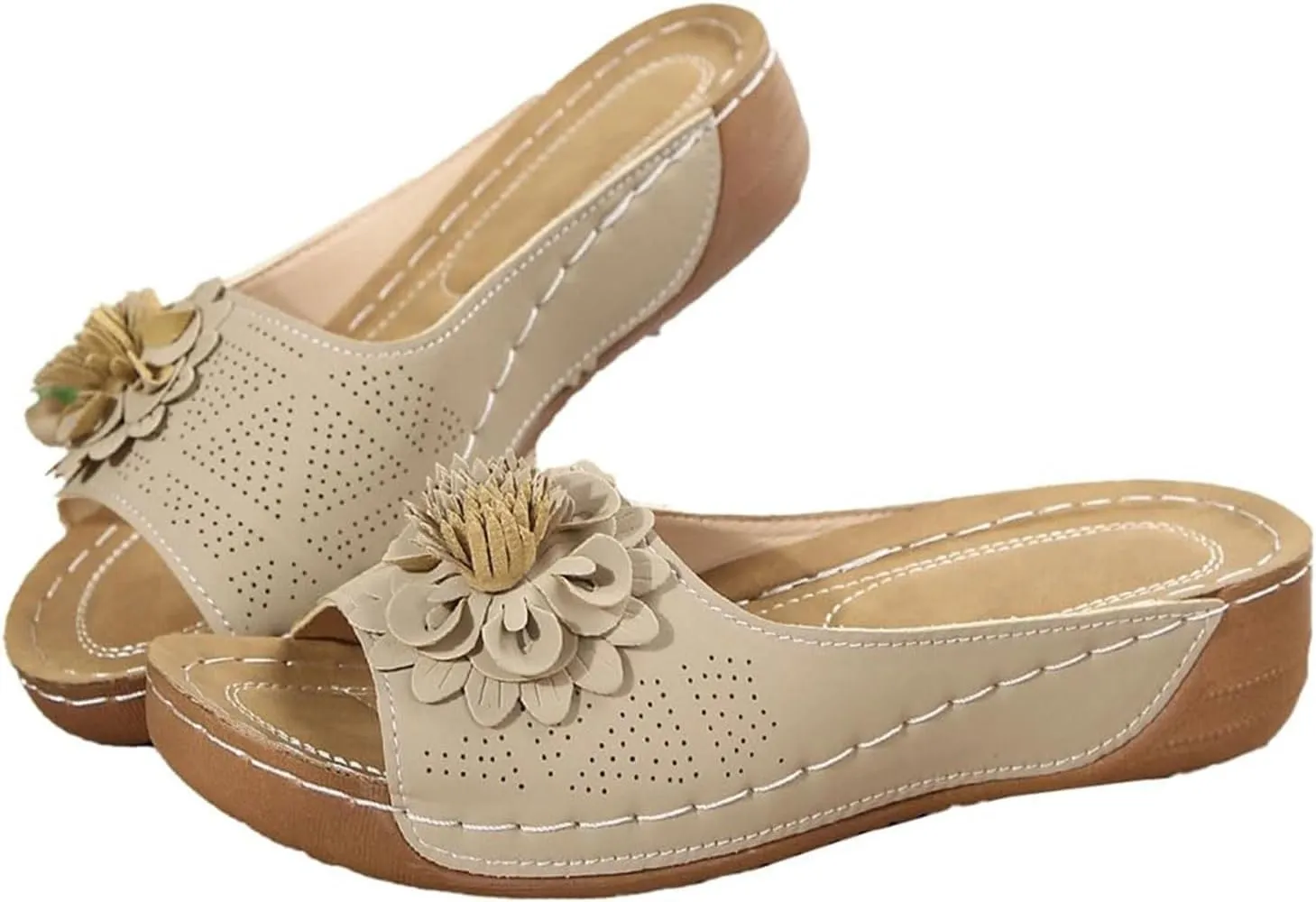 Summer Beach Sandals for Women 2025 Boho Flower Beach Slides with Low Wedge Heel Comfortable Open Toe Hollow Out Slippers Lightweight Walk Slip on Shoes for Dressy Casual Wear