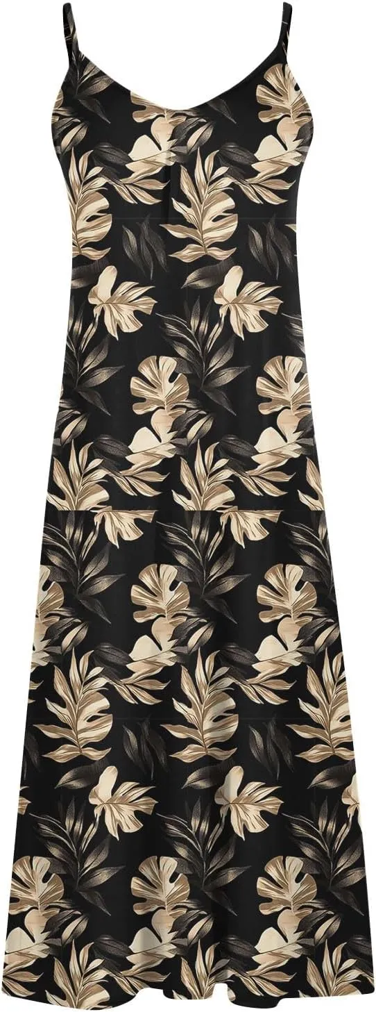Summer Casual Dresses for Women Floral Vintage Summer Sleeveless Spaghetti Strap Dress Maxi V-Neck Casual Dresses