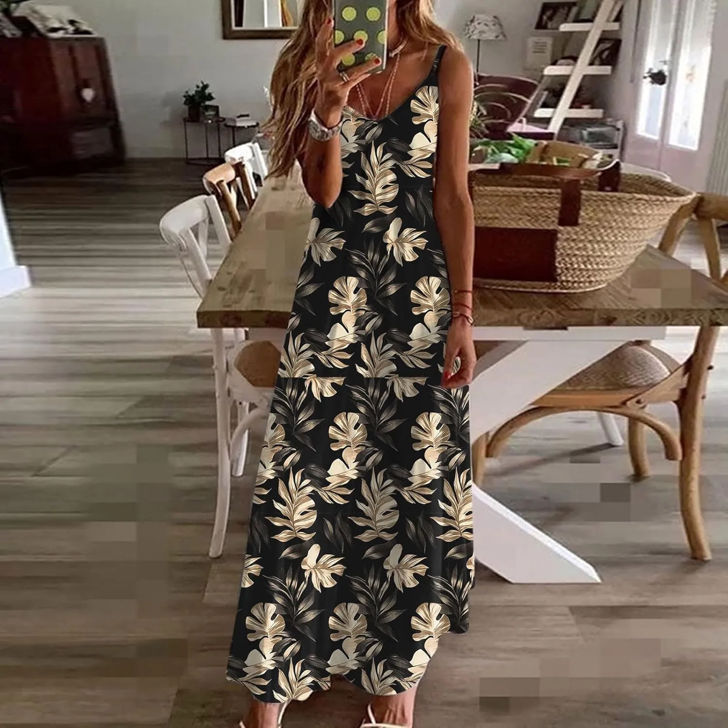 Summer Casual Dresses for Women Floral Vintage Summer Sleeveless Spaghetti Strap Dress Maxi V-Neck Casual Dresses