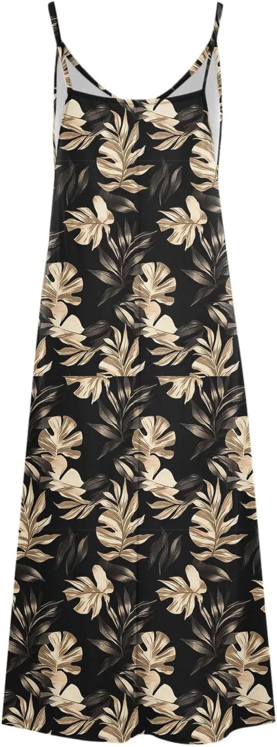 Summer Casual Dresses for Women Floral Vintage Summer Sleeveless Spaghetti Strap Dress Maxi V-Neck Casual Dresses