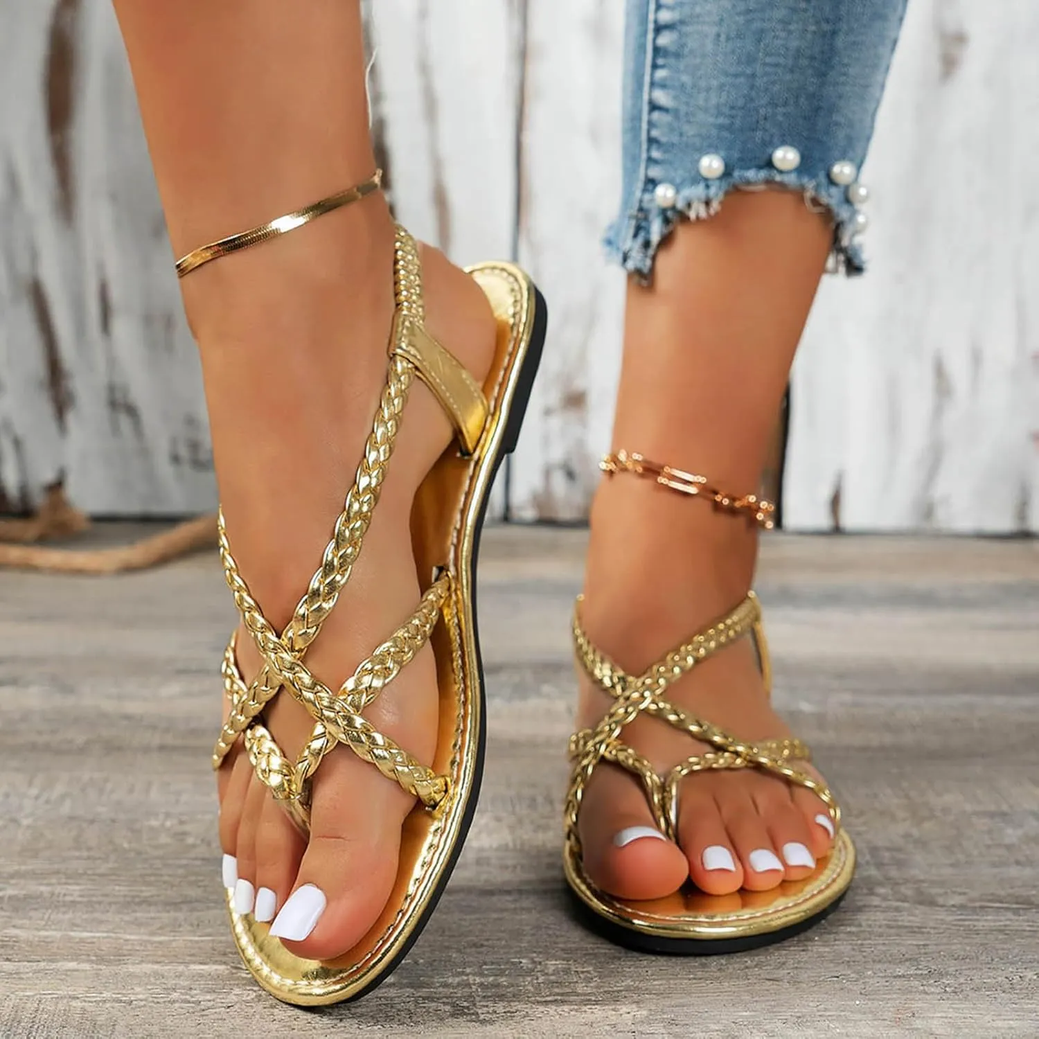 Summer Clip Toe Flat Sandals for Women,Open Toes Gladiator Slip On Elastic Strappy Slide Sandal Ladies Comfy Non-Slip Cushion Footbed Casual Shoes Beach Shoe for Travel Vacation Outdoor Indoor