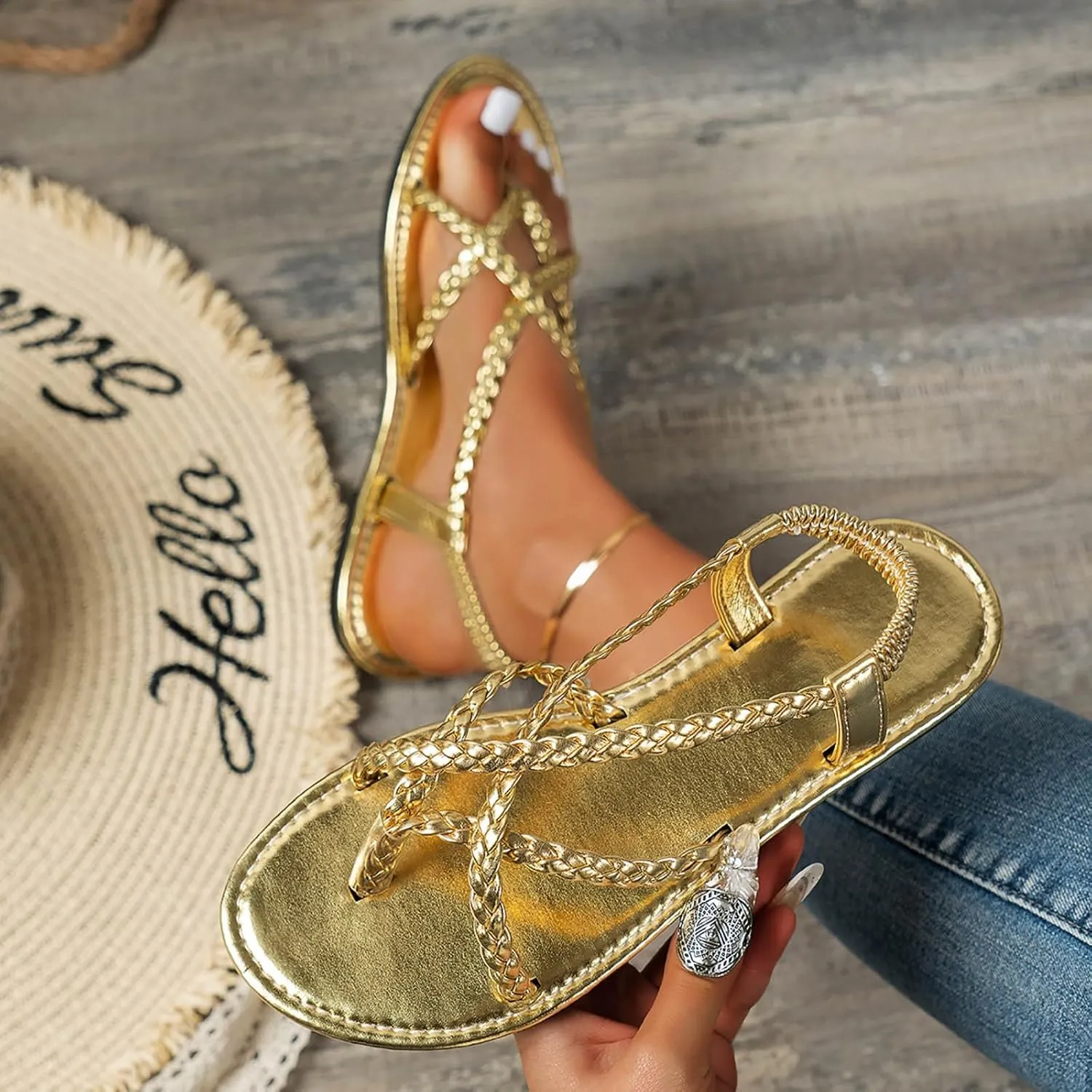 Summer Clip Toe Flat Sandals for Women,Open Toes Gladiator Slip On Elastic Strappy Slide Sandal Ladies Comfy Non-Slip Cushion Footbed Casual Shoes Beach Shoe for Travel Vacation Outdoor Indoor