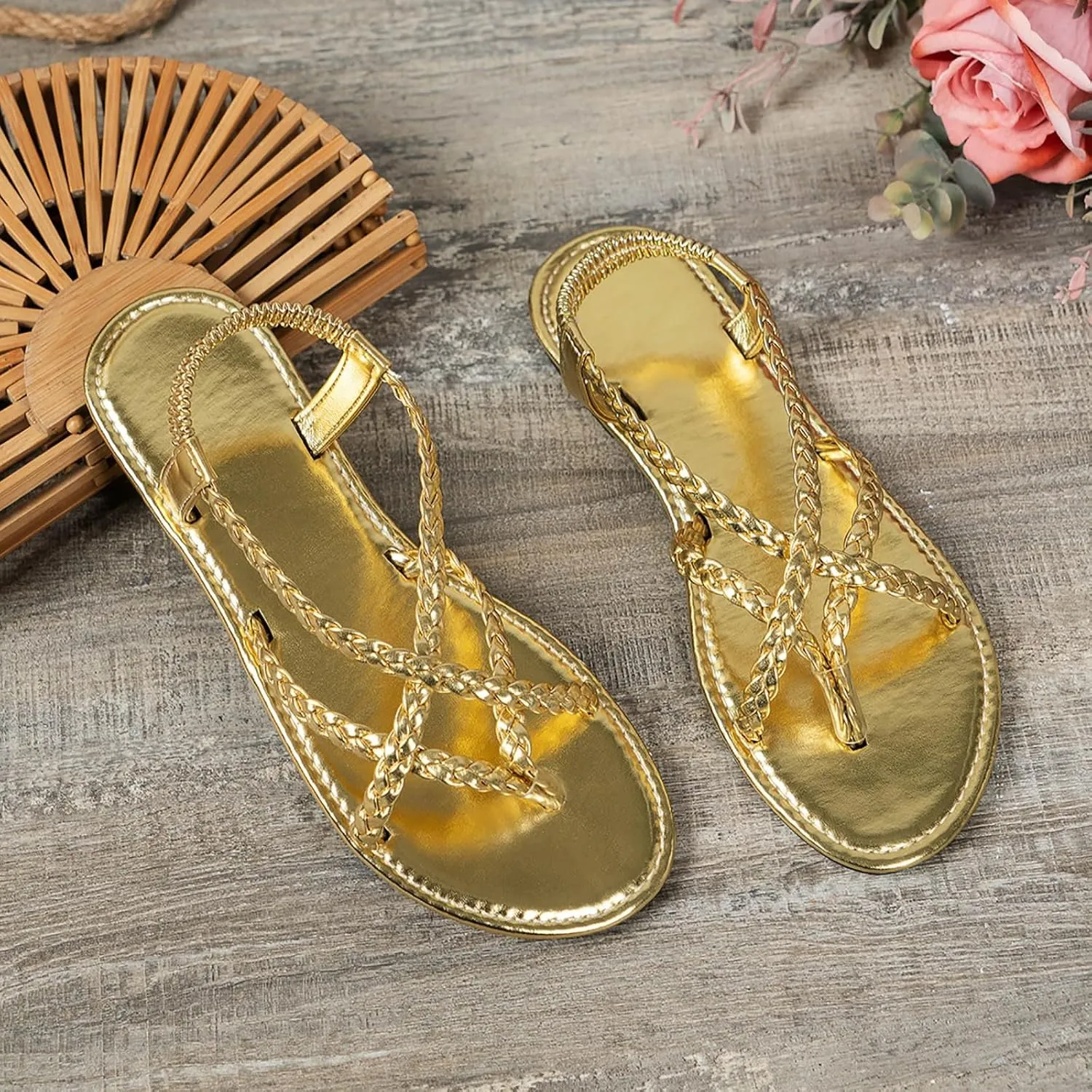 Summer Clip Toe Flat Sandals for Women,Open Toes Gladiator Slip On Elastic Strappy Slide Sandal Ladies Comfy Non-Slip Cushion Footbed Casual Shoes Beach Shoe for Travel Vacation Outdoor Indoor