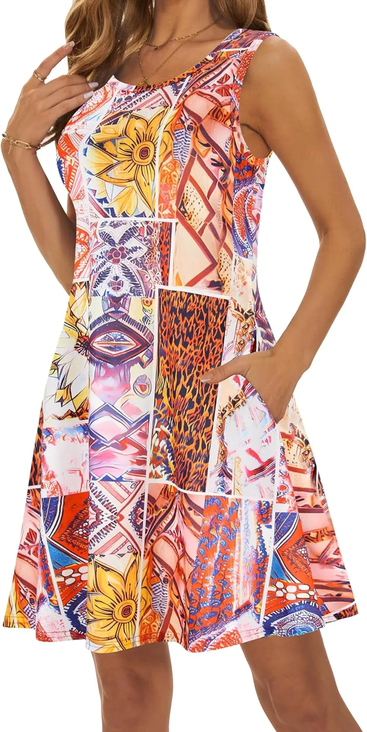 Summer Dresses for Women 2025 Casual Sundresses Beach Cover Ups Sleeveless Tshirt Swing Dress with Pockets