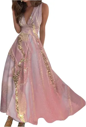 Summer Dresses for Women 2025 Classy Tie Dye Cami Maxi Sundresses Flowy Empire Waist V Neck Sleeveless Banquet Dress