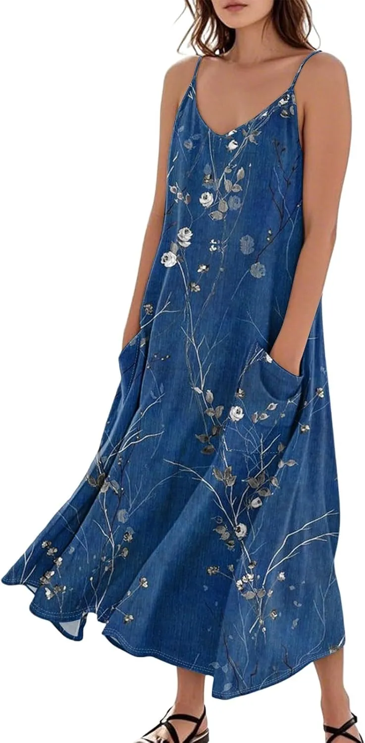 Summer Dresses for Women 2025 Trendy Floral Spaghetti Strap Maxi Sundresses Paisley Print Waist Sleeveless Dress with Pockets